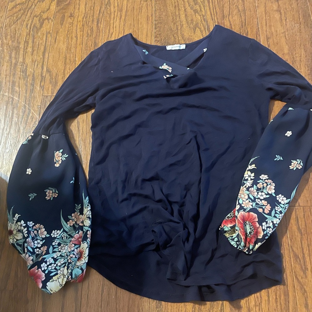 Maurices Navy Blouse with Floral Sleeves